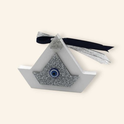 Ξύλινο Χειροποίητο Γούρι Καραβάκι με ασημί πλεξιγκλάς και μάτι Ξύλινο Χειροποίητο Γούρι Καραβάκι με ασημί πλεξιγκλάς και μάτι