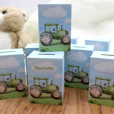 Ξύλινος κουμπαράς με σχέδιο Τρακτέρ