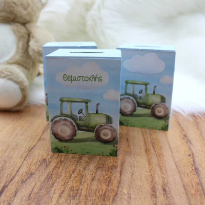 Ξύλινος κουμπαράς με σχέδιο Τρακτέρ