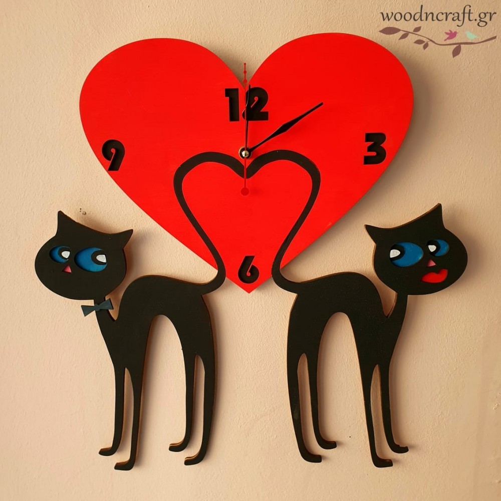 Ξύλινο ρολόι - Cats in love